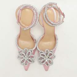 Pre Owned Mach & Mach Pink Satin Crystal Embellished Double Bow Pumps Size 37