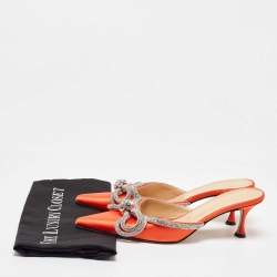 Pre Owned Mach & Mach Orange Satin Crystal Embellished Double Bow Mules Size 40
