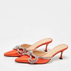Pre Owned Mach & Mach Orange Satin Crystal Embellished Double Bow Mules Size 40