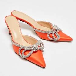 Pre Owned Mach & Mach Orange Satin Crystal Embellished Double Bow Mules Size 40