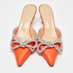 Pre Owned Mach & Mach Orange Satin Crystal Embellished Double Bow Mules Size 40