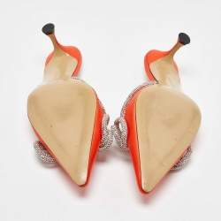 Pre Owned Mach & Mach Orange Satin Crystal Embellished Double Bow Mules Size 40