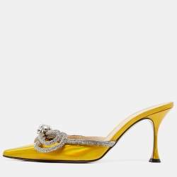 Pre Owned Mach & Mach Metallic Yellow Patent Leather Crystal Embellished Double Bow Mules Size 38.5