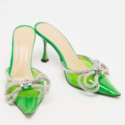 مملوكة مسبقًا Mach & Mach Green PVC Crystal Embellished Double Bow Mules Size 37.5