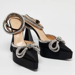 Mach & Mach Black Satin Double Bow Crystal Embellished Platform Pumps Size 39