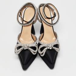 Mach & Mach Black Satin Double Bow Crystal Embellished Platform Pumps Size 39