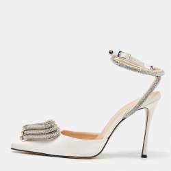 Mach & Mach White Satin Crystal Embellished Triple Heart Ankle Wrap Pumps Size 39
