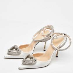 Mach & Mach White Satin Crystal Embellished Triple Heart Ankle Wrap Pumps Size 39