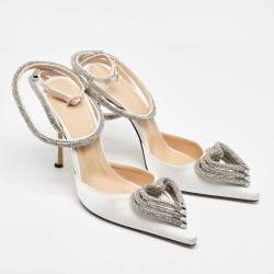 Mach & Mach White Satin Crystal Embellished Triple Heart Ankle Wrap Pumps Size 39