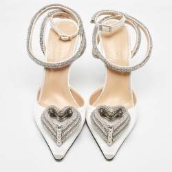 Mach & Mach White Satin Crystal Embellished Triple Heart Ankle Wrap Pumps Size 39