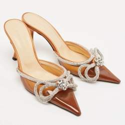 Pre Owned Mach & Mach Brown PVC Crystal Embellished Double Bow Mules Size 39