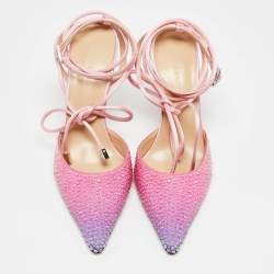 Mach & Mach Cream/Pink Satin Crystal Embellished Heart Pumps Size 39
