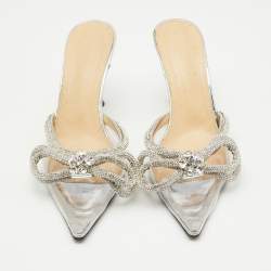 Pre Owned Mach & Mach Transparent PVC Crystal Embellished Double Bow Mules Size 38