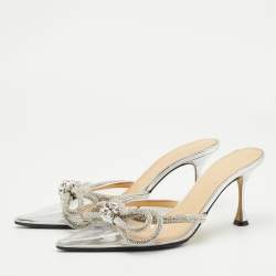 Pre Owned Mach & Mach Transparent PVC Crystal Embellished Double Bow Mules Size 38