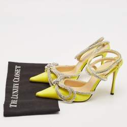 Pre Owned Mach & Mach Yellow Satin Double Bow Crystals Ankle Strap Pumps Size 37