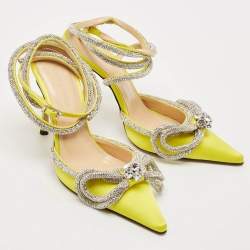 Pre Owned Mach & Mach Yellow Satin Double Bow Crystals Ankle Strap Pumps Size 37