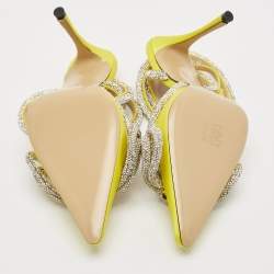 Pre Owned Mach & Mach Yellow Satin Double Bow Crystals Ankle Strap Pumps Size 37