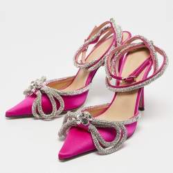 Pre Owned Mach & Mach Pink Satin Crystal Embellished Double Bow Pumps Size 37