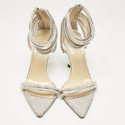Mach & Mach Silver Leather Crystal Embellished Ankle Strap Sandals Size 36