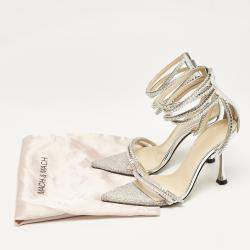 Mach & Mach Silver Leather Crystal Embellished Ankle Strap Sandals Size 36