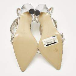 Mach & Mach Silver Leather Crystal Embellished Ankle Strap Sandals Size 36