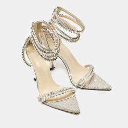 Mach & Mach Silver Leather Crystal Embellished Ankle Strap Sandals Size 36