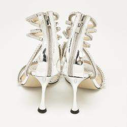 Mach & Mach Silver Leather Crystal Embellished Ankle Strap Sandals Size 36