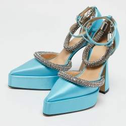 Mach & Mach Blue Satin Double Bow Crystal Embellished Platform Pumps Size 38