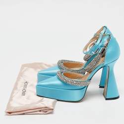 Mach & Mach Blue Satin Double Bow Crystal Embellished Platform Pumps Size 38