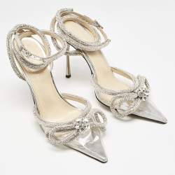 Pre Owned Mach & Mach Silver PVC Crystal Embellished Double Bow Pumps Size 37