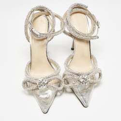 Pre Owned Mach & Mach Silver PVC Crystal Embellished Double Bow Pumps Size 37