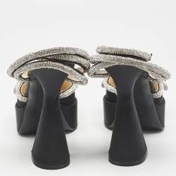 مملوكة مسبقًا Mach & Mach Black Satin Crystal Embellished Double Bow Platform Pumps Size 37.5