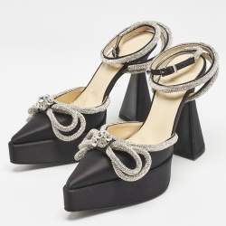 مملوكة مسبقًا Mach & Mach Black Satin Crystal Embellished Double Bow Platform Pumps Size 37.5