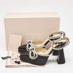 مملوكة مسبقًا Mach & Mach Black Satin Crystal Embellished Double Bow Platform Pumps Size 37.5