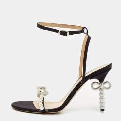 Mach & Mach Black Satin and PVC Pearl Bow Ankle Strap Sandals Size 39