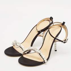Mach & Mach Black Satin and PVC Pearl Bow Ankle Strap Sandals Size 39