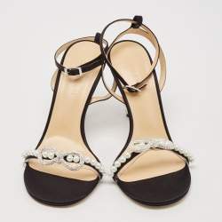 Mach & Mach Black Satin and PVC Pearl Bow Ankle Strap Sandals Size 39
