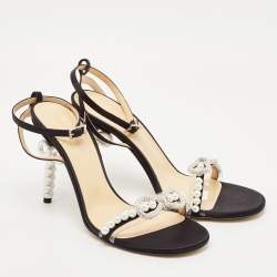 Mach & Mach Black Satin and PVC Pearl Bow Ankle Strap Sandals Size 39