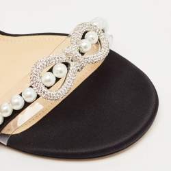 Mach & Mach Black Satin and PVC Pearl Bow Ankle Strap Sandals Size 39