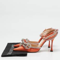 Pre Owned Mach & Mach Orange Satin Double Bow Crystal Embellished Ankle Strap Pumps Size 39