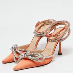 Pre Owned Mach & Mach Orange Satin Double Bow Crystal Embellished Ankle Strap Pumps Size 39