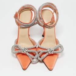 Pre Owned Mach & Mach Orange Satin Double Bow Crystal Embellished Ankle Strap Pumps Size 39