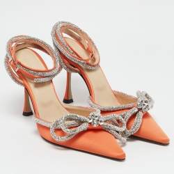 Pre Owned Mach & Mach Orange Satin Double Bow Crystal Embellished Ankle Strap Pumps Size 39