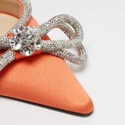 Pre Owned Mach & Mach Orange Satin Double Bow Crystal Embellished Ankle Strap Pumps Size 39