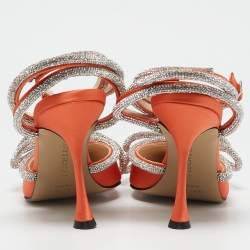 Pre Owned Mach & Mach Orange Satin Double Bow Crystal Embellished Ankle Strap Pumps Size 39