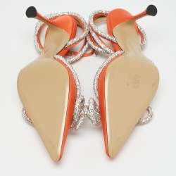 Pre Owned Mach & Mach Orange Satin Double Bow Crystal Embellished Ankle Strap Pumps Size 39