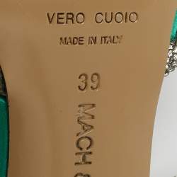 Pre Owned Mach & Mach Green Satin Double Bow Crystal Embellished Ankle Strap Pumps Size 39