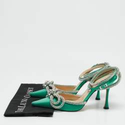 Pre Owned Mach & Mach Green Satin Double Bow Crystal Embellished Ankle Strap Pumps Size 39