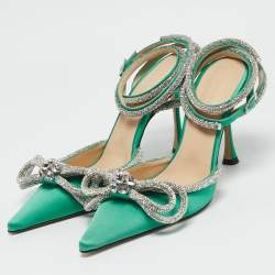 Pre Owned Mach & Mach Green Satin Double Bow Crystal Embellished Ankle Strap Pumps Size 39