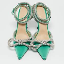 Pre Owned Mach & Mach Green Satin Double Bow Crystal Embellished Ankle Strap Pumps Size 39